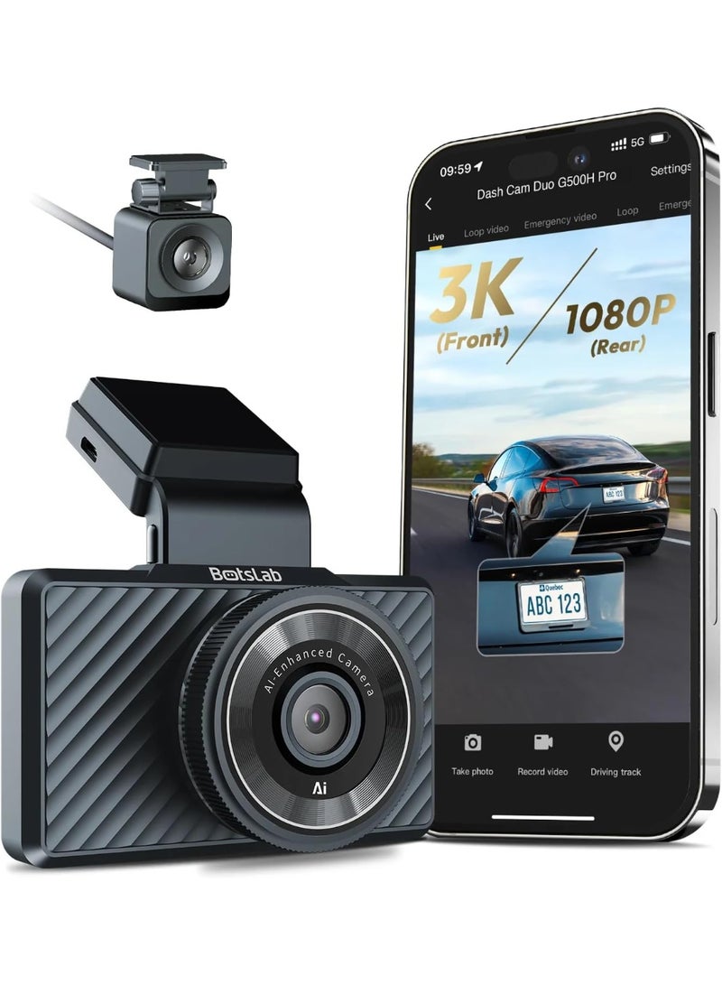 بوتسلاب كاميرا BOTSLAB G500H Pro المزدوجة للسيارة، أمامية بدقة 3K وخلفية بدقة 1080P، مزودة بأنظمة مساعدة السائق المتقدمة (ADAS)، ونظام تحديد المواقع العالمي (GPS) مدمج، ورؤية ليلية، وتسجيل متواصل، وكاميرا أمان للسيارة. - Image 1
