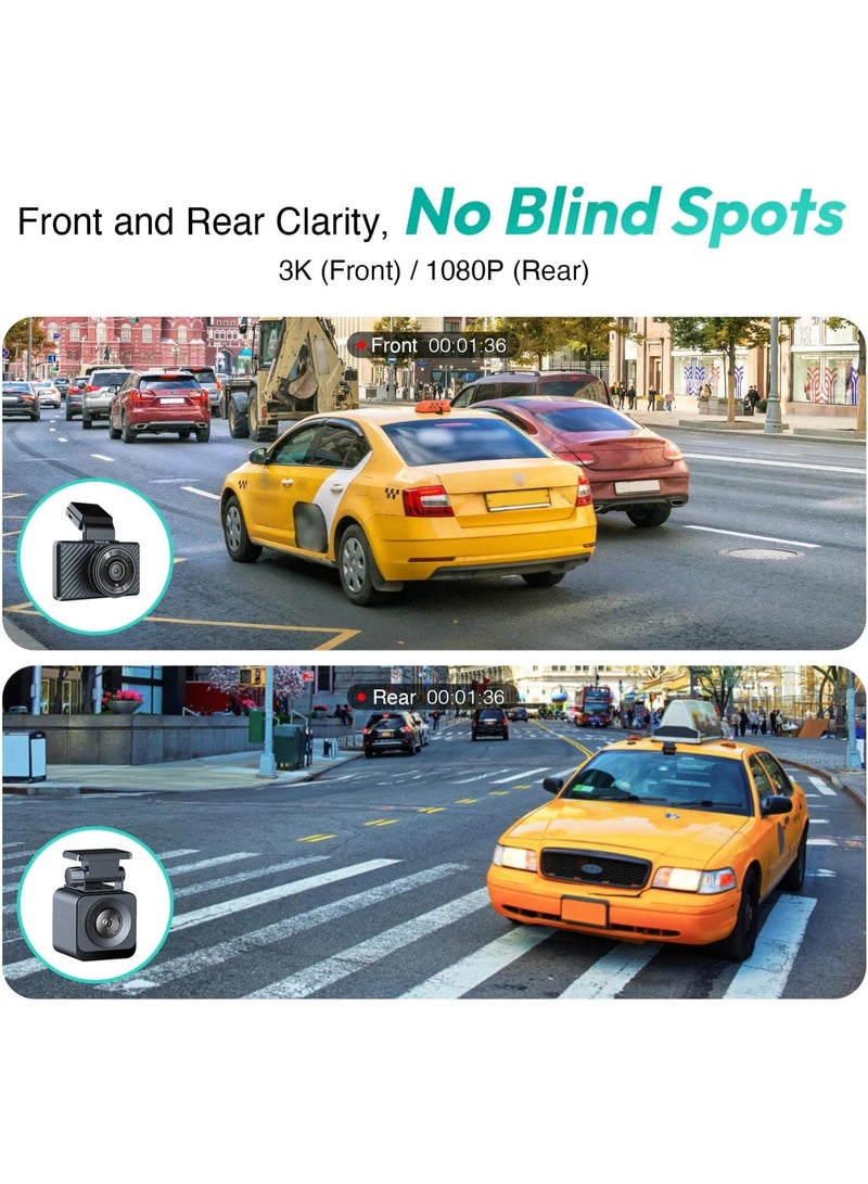 بوتسلاب كاميرا BOTSLAB G500H Pro المزدوجة للسيارة، أمامية بدقة 3K وخلفية بدقة 1080P، مزودة بأنظمة مساعدة السائق المتقدمة (ADAS)، ونظام تحديد المواقع العالمي (GPS) مدمج، ورؤية ليلية، وتسجيل متواصل، وكاميرا أمان للسيارة. - Image 2