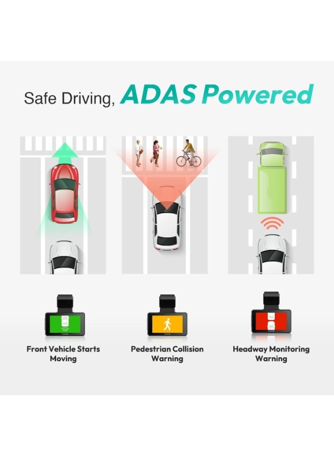 بوتسلاب كاميرا BOTSLAB G500H Pro المزدوجة للسيارة، أمامية بدقة 3K وخلفية بدقة 1080P، مزودة بأنظمة مساعدة السائق المتقدمة (ADAS)، ونظام تحديد المواقع العالمي (GPS) مدمج، ورؤية ليلية، وتسجيل متواصل، وكاميرا أمان للسيارة. - Image 3