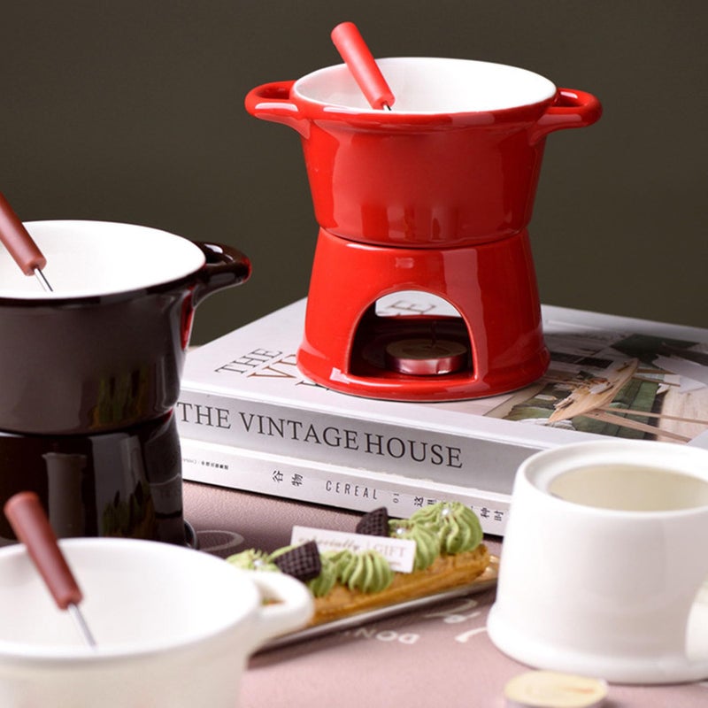 Red Ceramic Chocolate Fondue Pot Set with Melt Fork High Temperature Proof Mug - Image 4