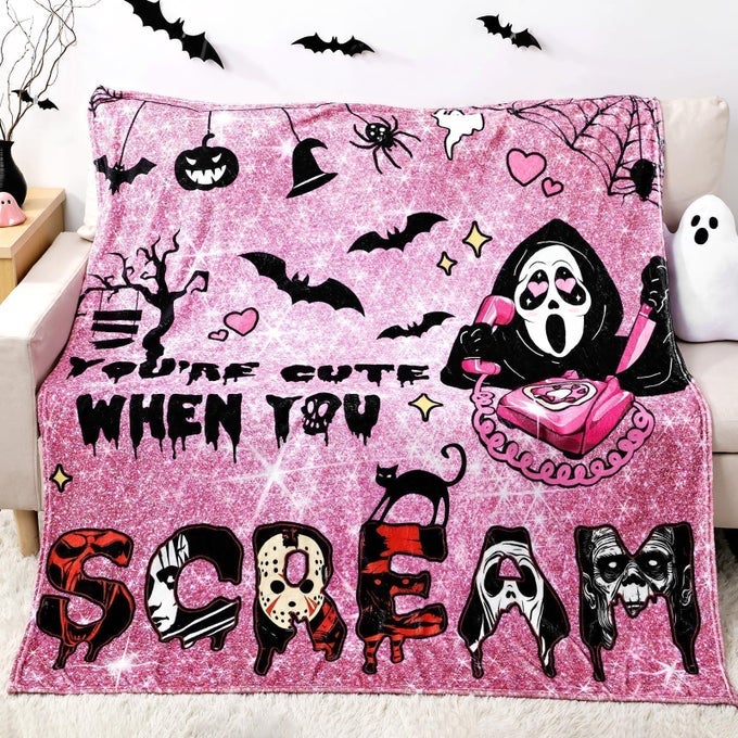 HALLOWEEN THROW BLANKET PINK ULTRA SOFT GHOST FLANNEL BLANKET WITH HORROR MOVIE 60X 60 LIGHTWEIGHT PLUSH COMFY BLANKET HALLOWEEN DECOR FOR BED COUCH SOFA LIVING ROOM OFFICE INDOOR