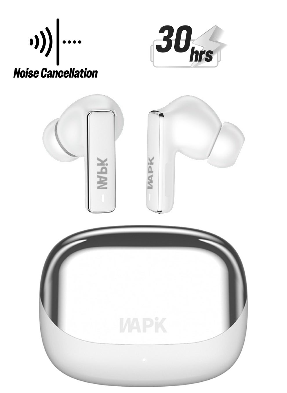 WAPIK Korean Brand RS2 True Wireless Earphones, Korean Brand, 6 Mics Hybrid ANC with AI Wind Noise Reduction, -42dB Noise Cancelling, Transparency Mode, Normal Mode, ANC Mode, 30-Hour Battery Life, Bluetooth 5.4, IPX5 Waterproof, Powerful Bass, Silver White 