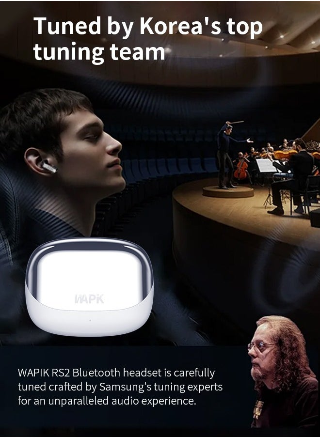 WAPIK Korean Brand RS2 True Wireless Earphones, Korean Brand, 6 Mics Hybrid ANC with AI Wind Noise Reduction, -42dB Noise Cancelling, Transparency Mode, Normal Mode, ANC Mode, 30-Hour Battery Life, Bluetooth 5.4, IPX5 Waterproof, Powerful Bass, Silver White  - Image 4