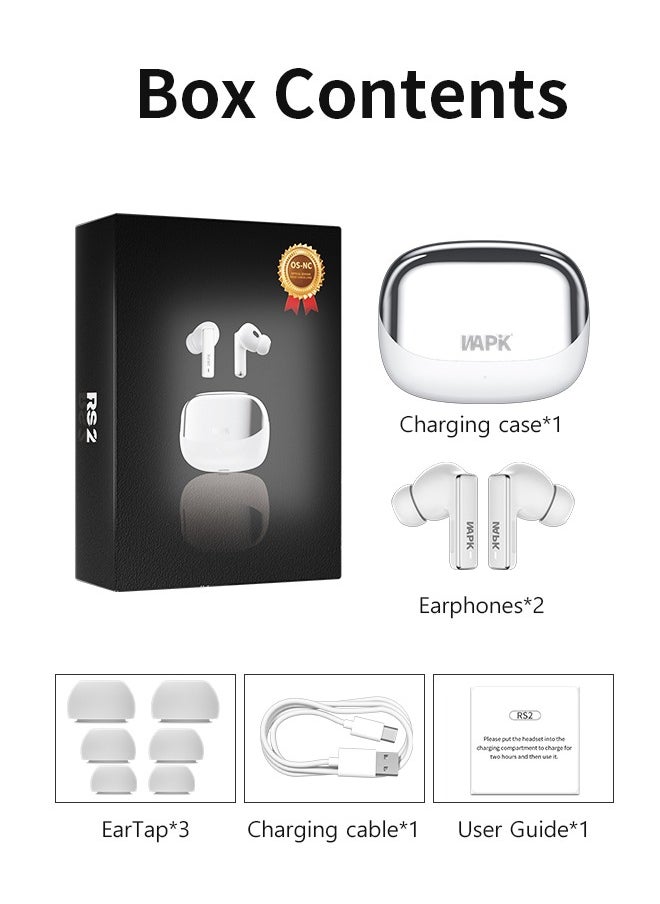 Korean Brand RS2 True Wireless Earphones, Korean Brand, 6 Mics Hybrid ANC with AI Wind Noise Reduction, -42dB Noise Cancelling, Transparency Mode, Normal Mode, ANC Mode, 30-Hour Battery Life, Bluetooth 5.4, IPX5 Waterproof, Powerful Bass, Silver White - pzsku/Z97ADD9289C07ECCB96B2Z/45/_/1734937921/6d1041a8-d4aa-4f50-af2e-c6c2b73cbf6a