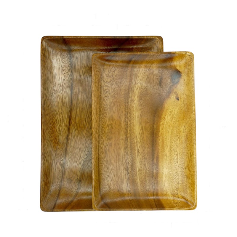 Acacia Wood Dinner Serving Tray Set of 2  Size Lg 14 x 10 Med 12 x 8 Richly Grained Decorative Coffee Table Ottoman Food Drink Breakfast Appetizer Candle Display Trays JointFree