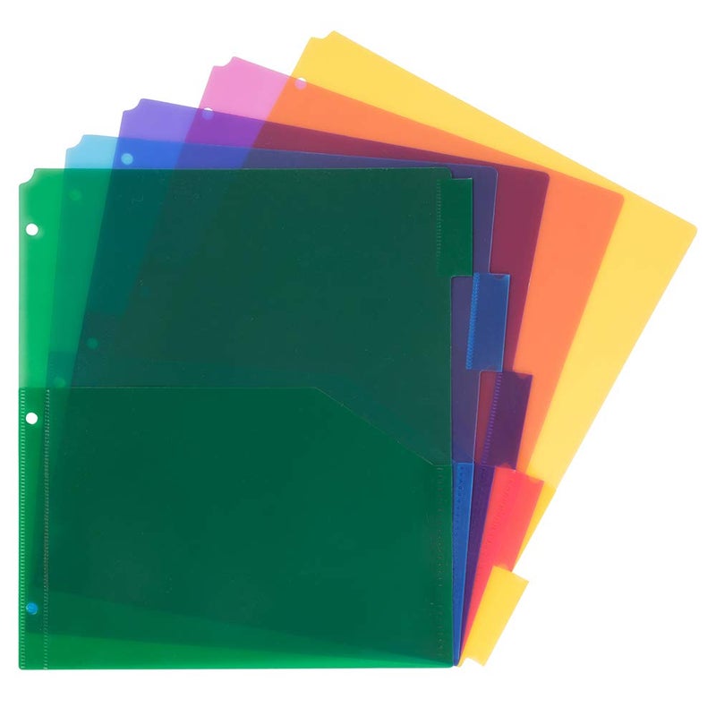 JAM PAPER Plastic Index 5Tab Dividers wDouble Pockets 9 34 x 11 12 Assorted MultiColor 6 Packs of 5 TabsSet