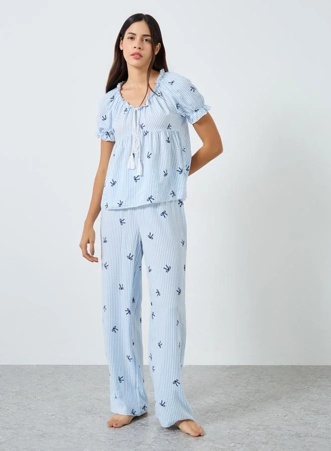 Styli Styli Bow Stripe Print Gathered Ruffle Top and Pyjama Set