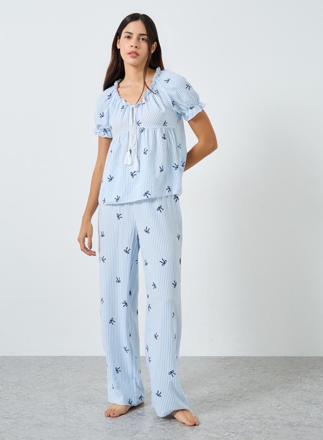 Styli Bow Stripe Print Gathered Ruffle Top and Pyjama Set - Image 2