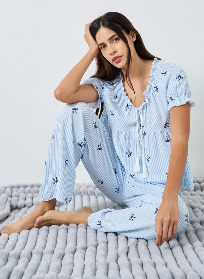 Styli Styli Bow Stripe Print Gathered Ruffle Top and Pyjama Set