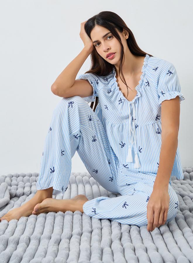 Styli Bow Stripe Print Gathered Ruffle Top and Pyjama Set - Image 1
