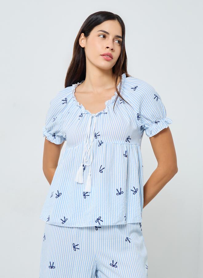 Styli Bow Stripe Print Gathered Ruffle Top and Pyjama Set - Image 3