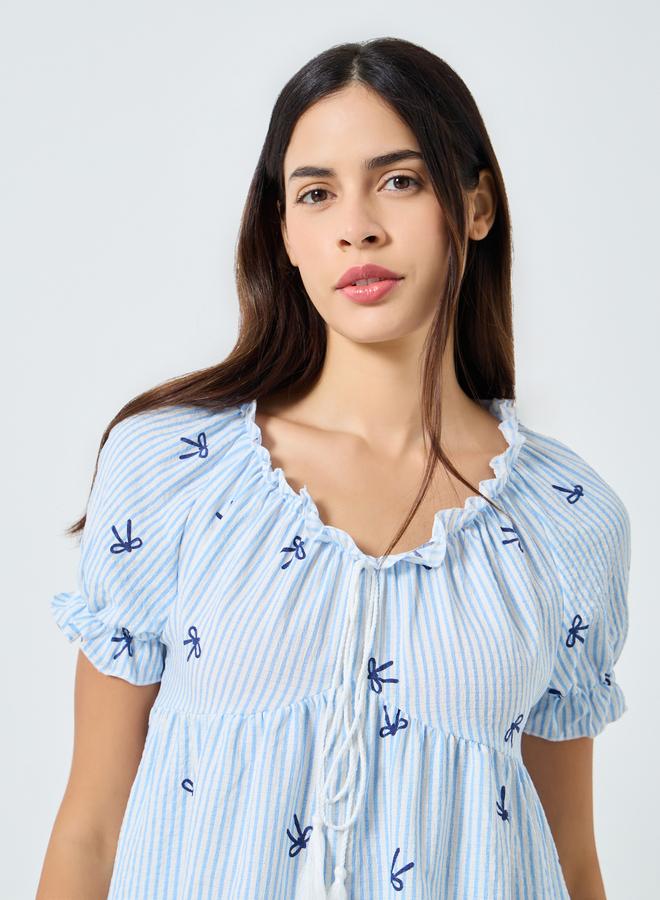 Styli Bow Stripe Print Gathered Ruffle Top and Pyjama Set - Image 4