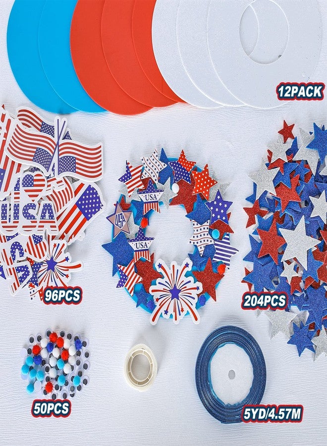 Whaline Patriotic Foam Wreath Crafts Kit American Flag Star Stickers, Glitter Star Stickers, Pompom Ball Eyes, Blue Ribbon 4th of July DIY Foam Wreath Signs for Independence Day Art Projects, 12Pcs - Image 3