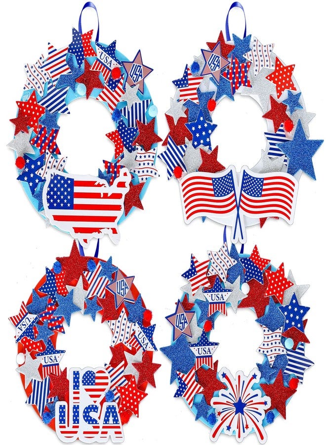 Whaline Patriotic Foam Wreath Crafts Kit American Flag Star Stickers, Glitter Star Stickers, Pompom Ball Eyes, Blue Ribbon 4th of July DIY Foam Wreath Signs for Independence Day Art Projects, 12Pcs - Image 1