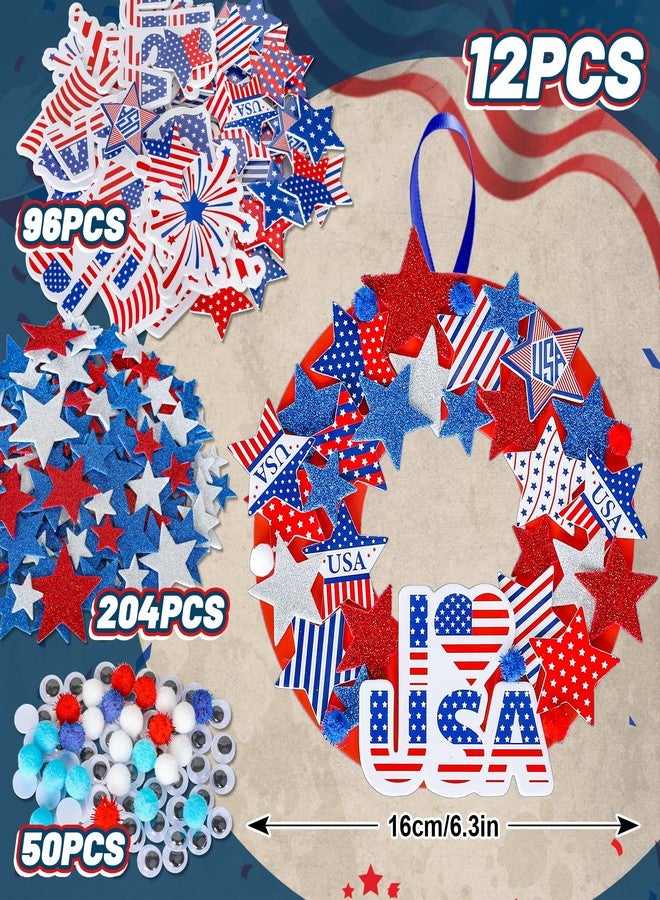 Whaline Patriotic Foam Wreath Crafts Kit American Flag Star Stickers, Glitter Star Stickers, Pompom Ball Eyes, Blue Ribbon 4th of July DIY Foam Wreath Signs for Independence Day Art Projects, 12Pcs - Image 2