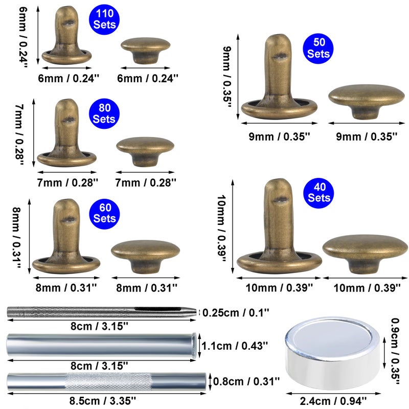 YORANYO 340 Sets Leather Rivets Kit Mixed Sizes Rivets for Leather Double Cap Rivets Studs for Clothing Fabric with Leather Crafting Rivet Tool for Repair Decorate Clothes Shoes Bags Belts (Bronze) - Image 2