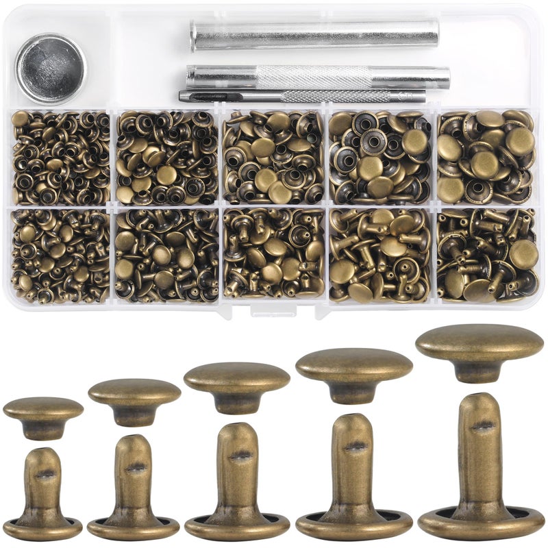 YORANYO 340 Sets Leather Rivets Kit Mixed Sizes Rivets for Leather Double Cap Rivets Studs for Clothing Fabric with Leather Crafting Rivet Tool for Repair Decorate Clothes Shoes Bags Belts (Bronze) - Image 1