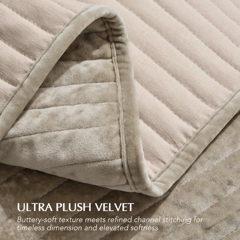 EVERGRACE Velvet Quilt Set King Size, Luxurious Soft Striped Channel Bedding Set, Lightweight Velvet Comforter for All Season, Oversized Bedspread Coverlet with 2 Matching Shams, Sand Dune - Image 5