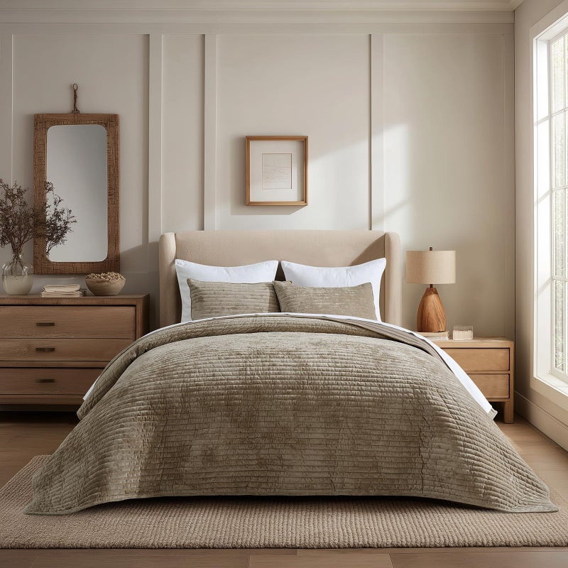 EVERGRACE Velvet Quilt Set King Size, Luxurious Soft Striped Channel Bedding Set, Lightweight Velvet Comforter for All Season, Oversized Bedspread Coverlet with 2 Matching Shams, Sand Dune - Image 1