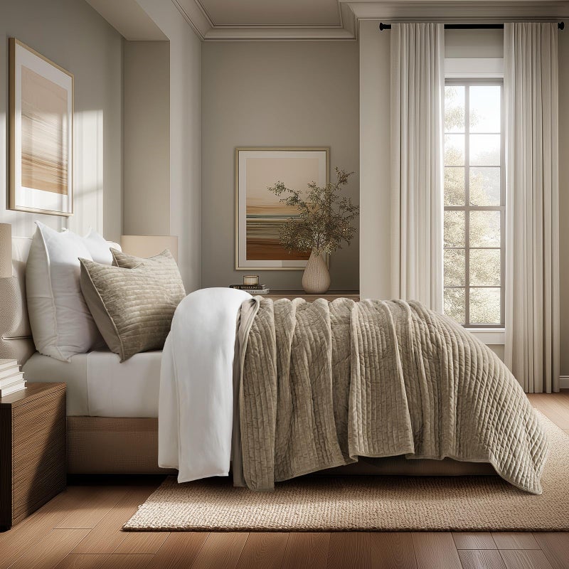 EVERGRACE Velvet Quilt Set King Size, Luxurious Soft Striped Channel Bedding Set, Lightweight Velvet Comforter for All Season, Oversized Bedspread Coverlet with 2 Matching Shams, Sand Dune - Image 2