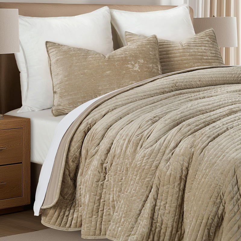 EVERGRACE Velvet Quilt Set King Size, Luxurious Soft Striped Channel Bedding Set, Lightweight Velvet Comforter for All Season, Oversized Bedspread Coverlet with 2 Matching Shams, Sand Dune - Image 4