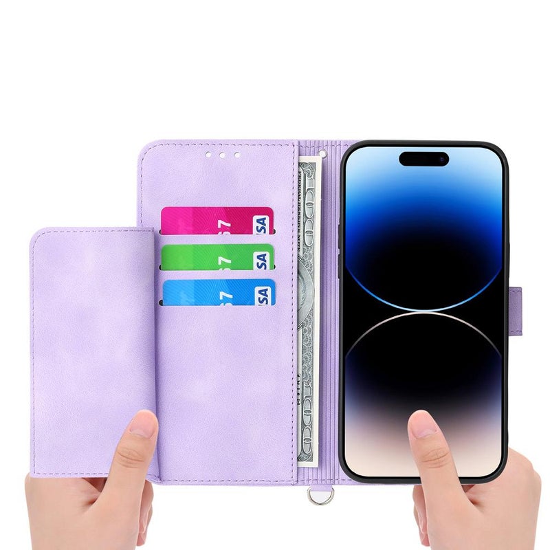 erorex For iPhone 17 Pro -feel Flowers Embossed Wallet Leather Phone Case(Purple) - Image 3