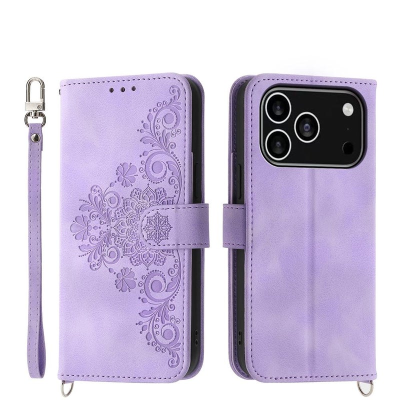 erorex For iPhone 17 Pro -feel Flowers Embossed Wallet Leather Phone Case(Purple) - Image 1