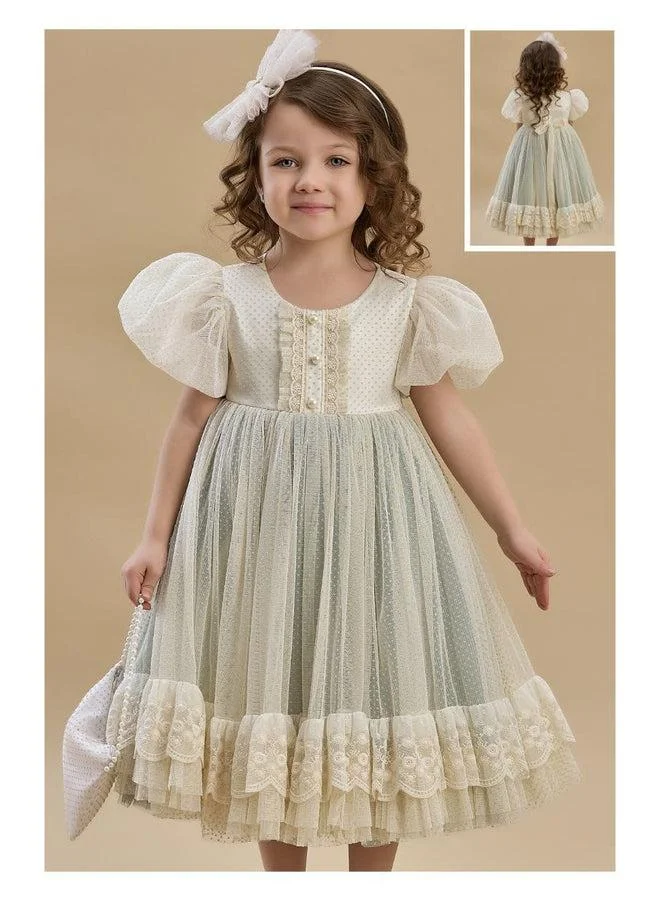 فيا بامبينو Sage Green Lace-Trim Puff-Sleeve Dress 9171