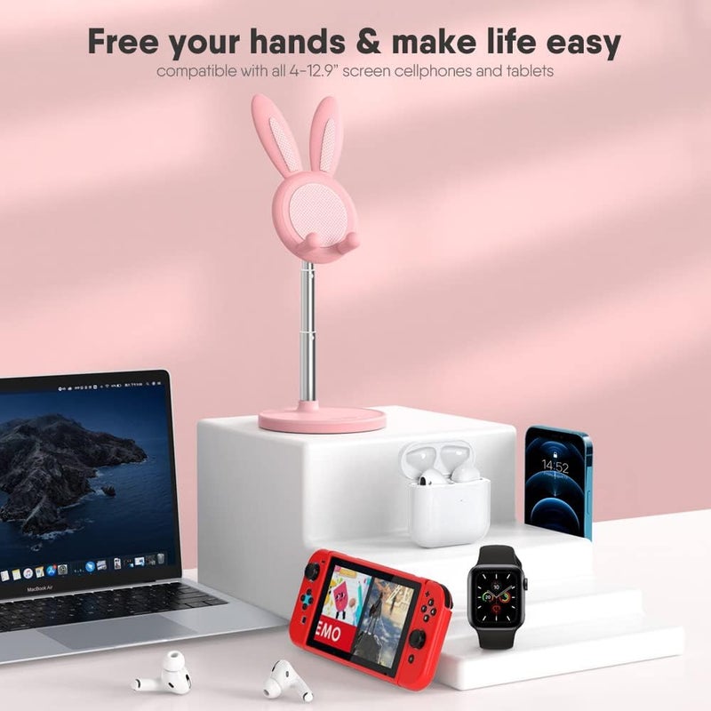 Oatsbasf Cute Bunny Phone Stand, Quick Installation Angle Height Adjustable Rabbit Phone Stand for Desk, Case Friendly Compatible with All Mobile Phone/iPad/Kindle/Tablet (Pink) - Image 4