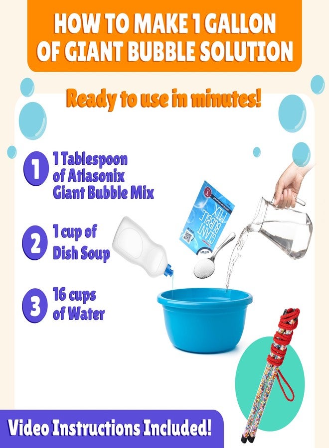 Atlasonix Giant Bubble Wands for Kids | 2 Pack Huge Bubble Maker Kit with Big Bubble Powder | Fun Outdoor Toy for Boys & Girls | with 2 Packs of Giant Bubbles Mix for Parties & Playtime - Image 4