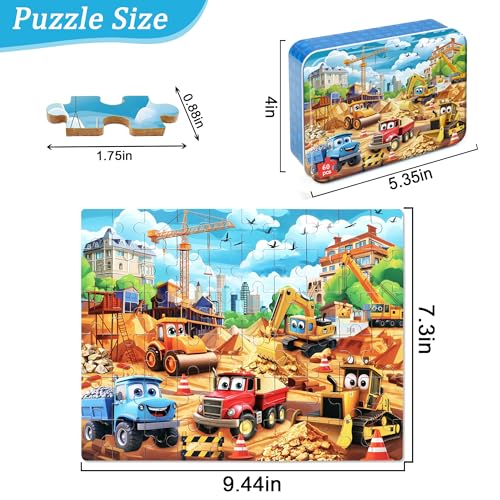 MZZOTOY Construction Vehicles Puzzles for Kids Ages 48 60 Pieces Jigsaw Puzzles for Kids Ages 35 Puzzle for Girls and Boys Learning Educational Puzzles Toys in a Metal Box - Image 5