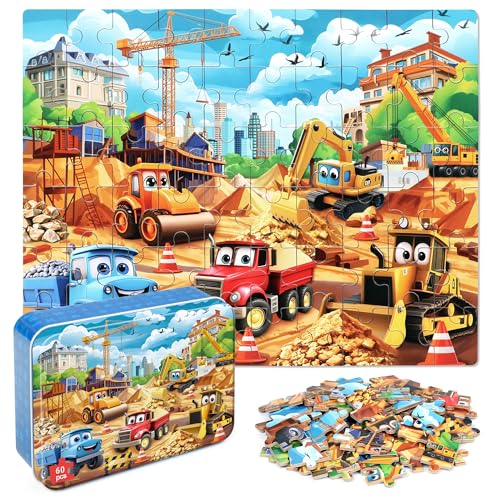 MZZOTOY Construction Vehicles Puzzles for Kids Ages 48 60 Pieces Jigsaw Puzzles for Kids Ages 35 Puzzle for Girls and Boys Learning Educational Puzzles Toys in a Metal Box - Image 1