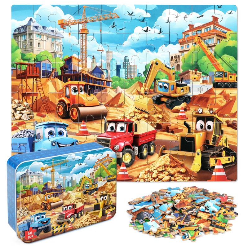 MZZOTOY Construction Vehicles Puzzles for Kids Ages 48 60 Pieces Jigsaw Puzzles for Kids Ages 35 Puzzle for Girls and Boys Learning Educational Puzzles Toys in a Metal Box - Image 3