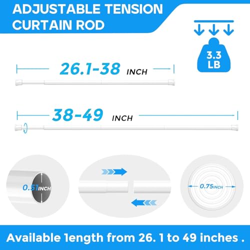 QINGYUN 2 Pack White Spring Tension Curtain Rods 28-48 Inches, Spring Loaded Curtain Rods No Drilling, Adjustable Small Tension Rod for Windows, Kitchen, Doorway, Bathroom, Closet - Image 3