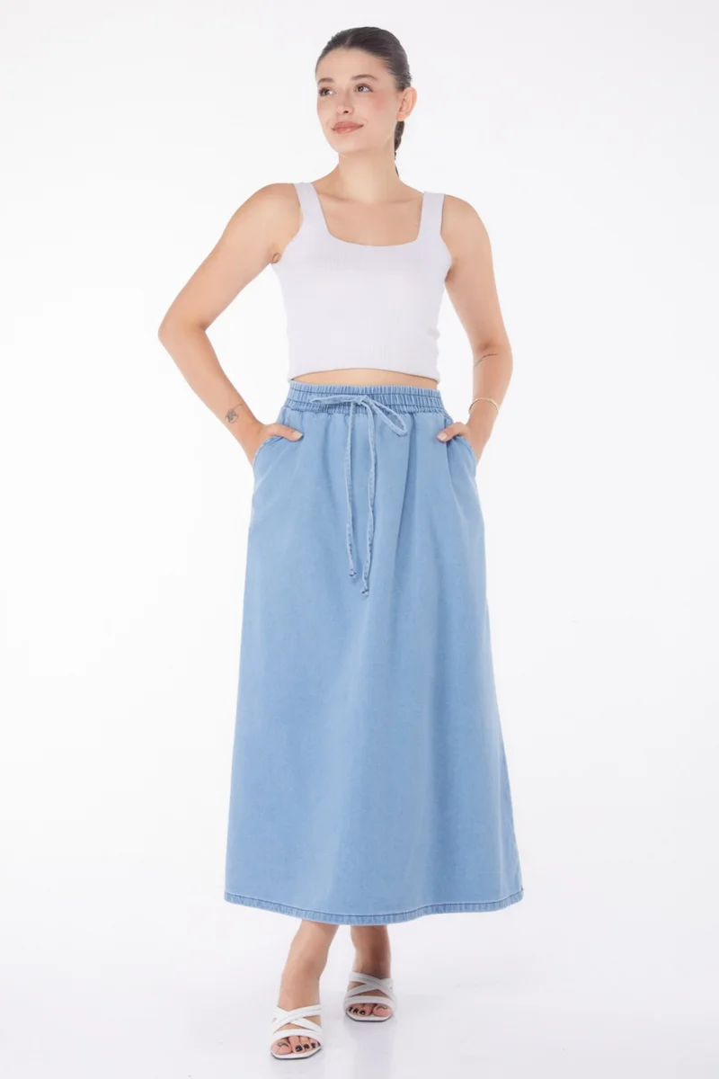 Tofisa Plain Mid Women Blue Thin Tencel Denim Skirt - 25360