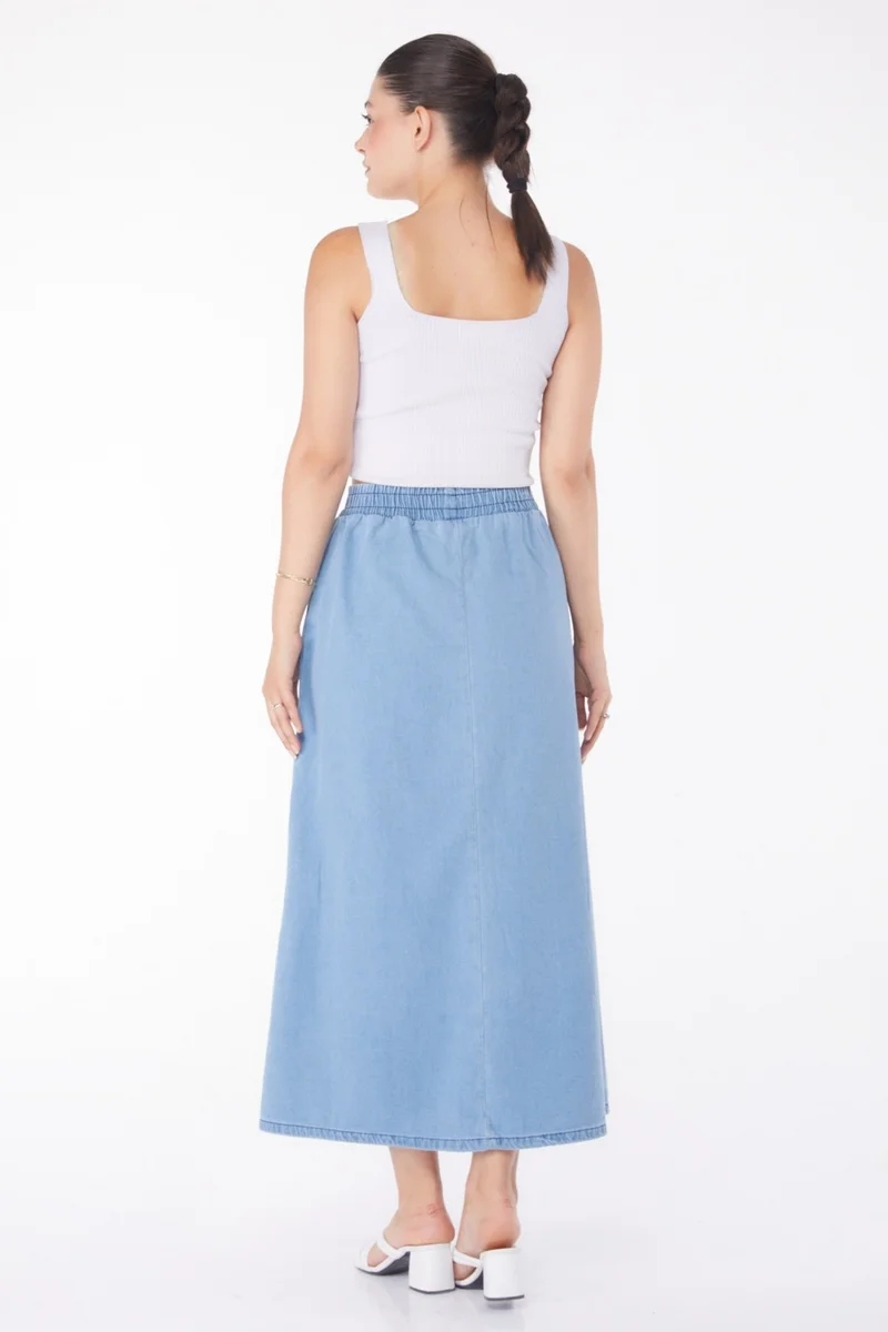 Tofisa Plain Mid Women Blue Thin Tencel Denim Skirt - 25360