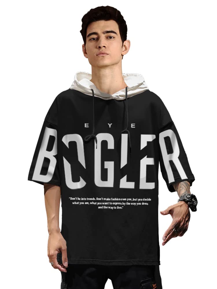 EYEBOGLER Mens Hooded Printed Cotton T-Shirt Black White - Image 1