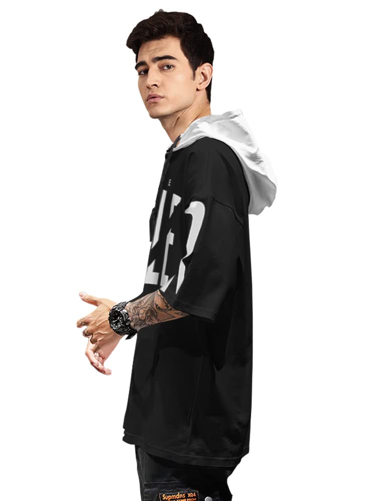 EYEBOGLER Mens Hooded Printed Cotton T-Shirt Black White - Image 2