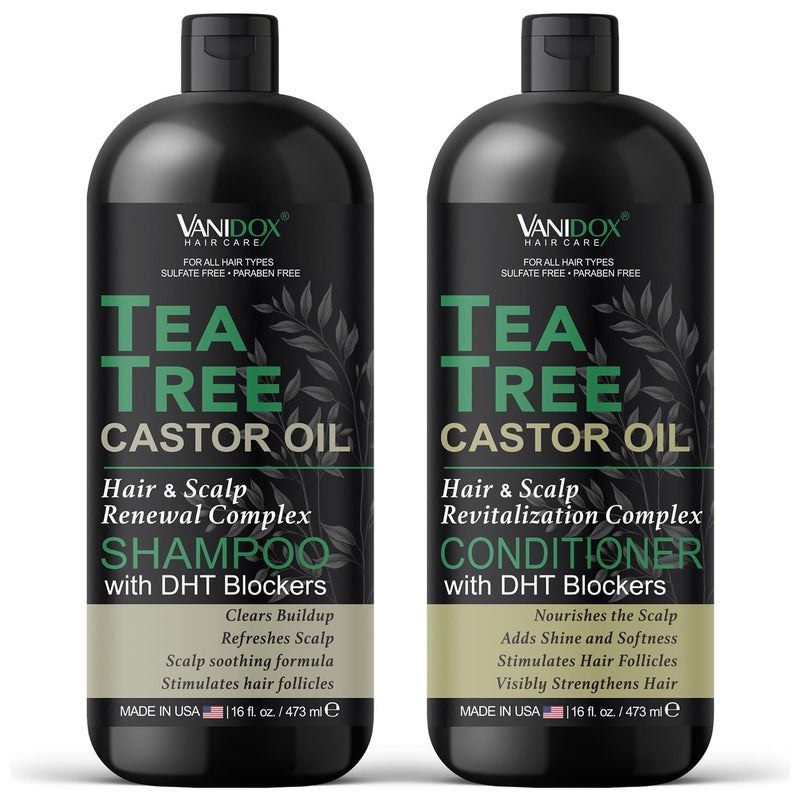 VANIDOX Tea Tree Shampoo and Conditioner Set With Castor Oil for Itchy and Dry Scalp  Sulfate and Paraben Free  16 fl oz Each