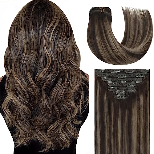 Lacer Clip in Hair Extensions Real Human Hair Silky Straight Clip in Extensions Dark Brown to Medium Brown Highlight R#2-2/6 120g 7pcs with 16 Clips per Set 18 Inch - Image 1