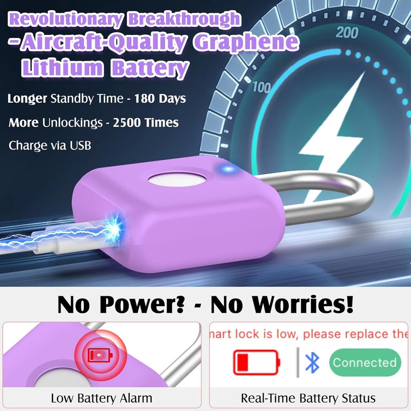 Pothunder Fingerprint Padlock, Smart Padlock, Locker Lock, Combination Fingerprint Lock with APP Unlock, USB Rechargeable, Suitable for Gym Locker(Lavender Purple) - Image 5