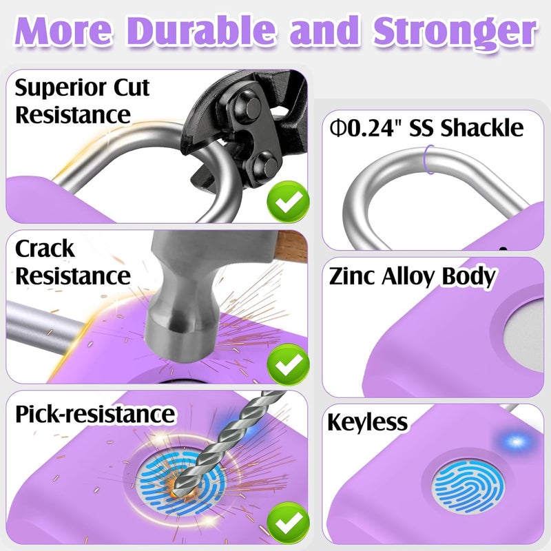 Pothunder Fingerprint Padlock, Smart Padlock, Locker Lock, Combination Fingerprint Lock with APP Unlock, USB Rechargeable, Suitable for Gym Locker(Lavender Purple) - Image 4