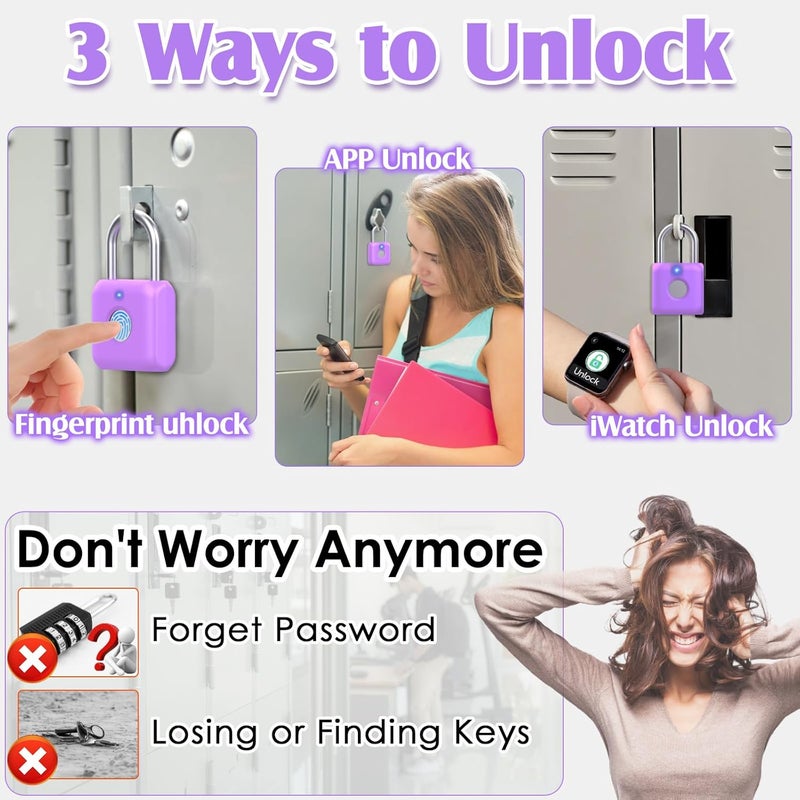 Pothunder Fingerprint Padlock, Smart Padlock, Locker Lock, Combination Fingerprint Lock with APP Unlock, USB Rechargeable, Suitable for Gym Locker(Lavender Purple) - Image 2