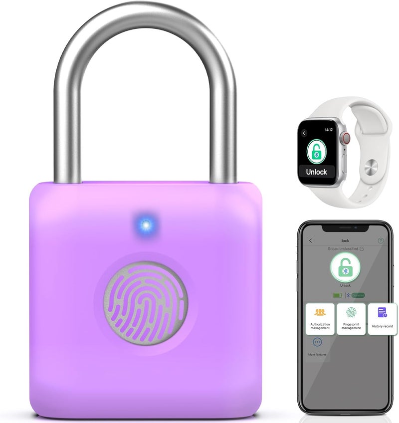 Pothunder Fingerprint Padlock, Smart Padlock, Locker Lock, Combination Fingerprint Lock with APP Unlock, USB Rechargeable, Suitable for Gym Locker(Lavender Purple) - Image 1