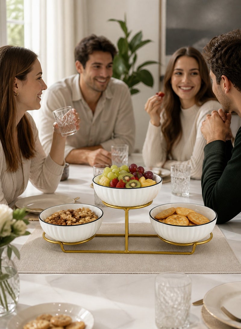 طقم أوعية تقديم سيراميك مكون من 3 قطع مع حامل معدني | أوعية مستديرة للوجبات الخفيفة والمكسرات والتوابل  | طقم أطباق مقبلات أنيق للمنزل والمطبخ ومائدة الطعام والحفلات، كما يُعد هدية مثالية. - Image 2
