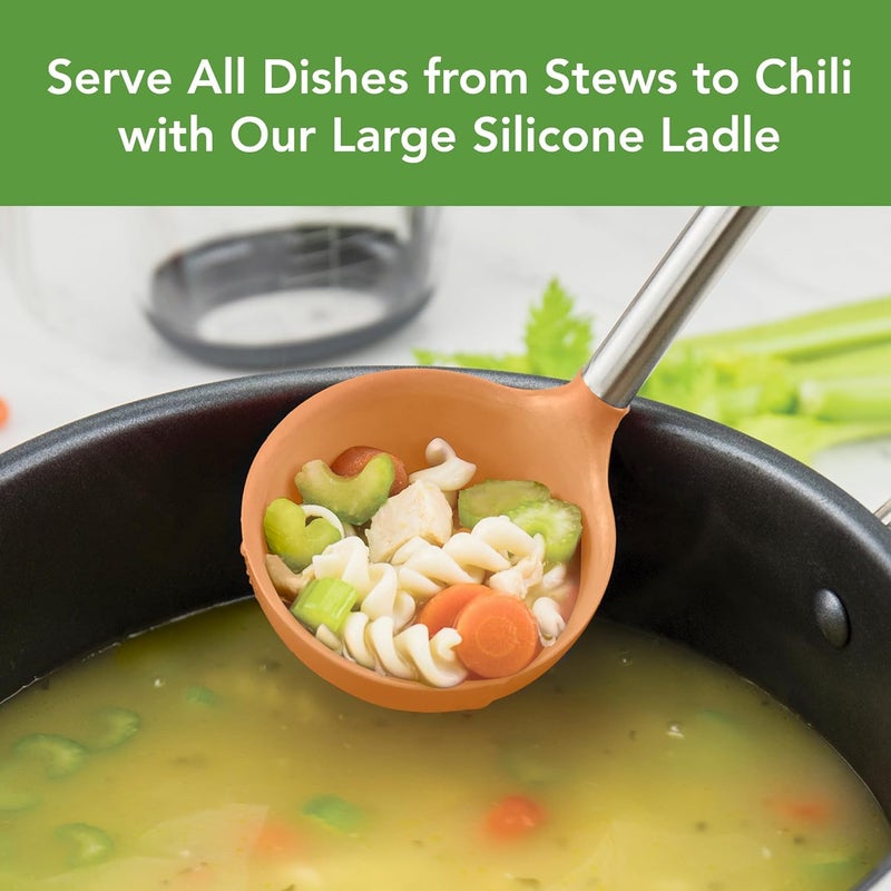 Tovolo مغرفة سيليكون بمقبض من الفولاذ المقاوم للصدأ مغرفة حساء عميقة للطهي والتعليب وتقديم الحساء والمشروبات والصلصات، ملعقة مطبخ كبيرة آمنة في غسالة الصحون خالية من BPA برتقالية مشمشية - Image 1