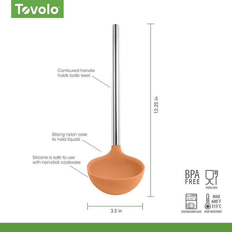 Tovolo مغرفة سيليكون بمقبض من الفولاذ المقاوم للصدأ مغرفة حساء عميقة للطهي والتعليب وتقديم الحساء والمشروبات والصلصات، ملعقة مطبخ كبيرة آمنة في غسالة الصحون خالية من BPA برتقالية مشمشية - Image 5