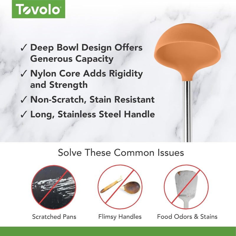 Tovolo مغرفة سيليكون بمقبض من الفولاذ المقاوم للصدأ مغرفة حساء عميقة للطهي والتعليب وتقديم الحساء والمشروبات والصلصات، ملعقة مطبخ كبيرة آمنة في غسالة الصحون خالية من BPA برتقالية مشمشية - Image 2