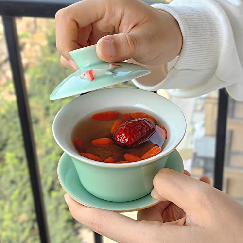 Mozentea Ceramic Gai Wan Set, Gaiwan Tea Cup With Lid For Chinese Traditional Gongfu tea Ceremony Brew Loose Oolong/Puerh Tea (fish) - Image 4