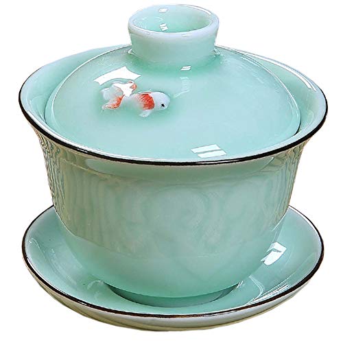 Mozentea Ceramic Gai Wan Set, Gaiwan Tea Cup With Lid For Chinese Traditional Gongfu tea Ceremony Brew Loose Oolong/Puerh Tea (fish) - Image 1